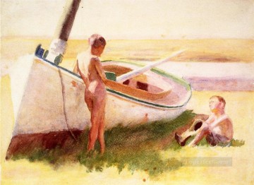 トーマス・ポロック・アンシュツ Painting - ボートで二人の少年 自然主義者 トーマス・ポロック・アンシュツ